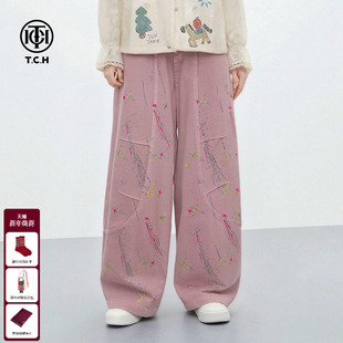 TCH个性 女T75D20E1299 潮酷重工流星烫钻高腰显瘦阔腿弯刀牛仔裤