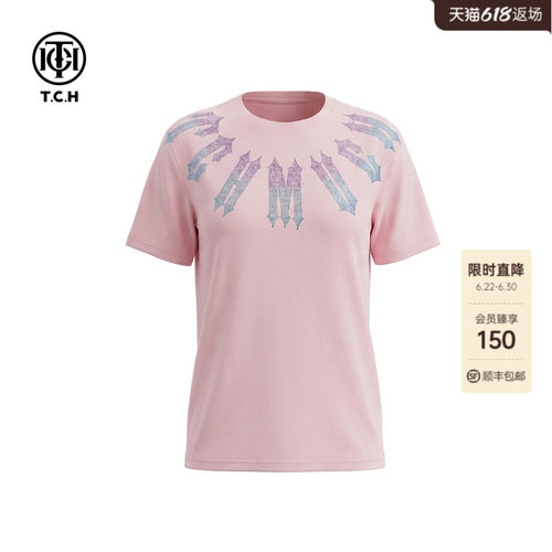 TCH潮牌烫钻粉色休闲短袖T恤女