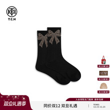 TCH蝴蝶结烫钻黑色中筒袜女ins潮流百搭运动休闲袜子T75D55E1013