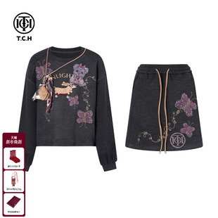 套装 慵懒圆领卫衣短裙时尚 女T75C07E1055 新款 TCH私服烫钻2025秋季