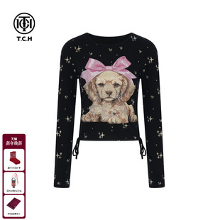 T恤女2025秋冬新款 长袖 T75C08E9029 百搭修身 TCH轻奢小狗烫钻美式