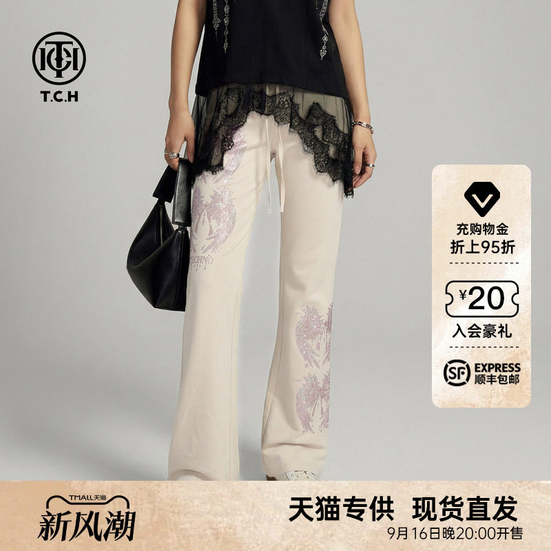 TCH小众烫钻翅膀显瘦微喇女裤图片