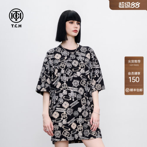 TCH个性老花烫钻设计感T恤裙街头潮流圆领连衣裙女2026夏季新款