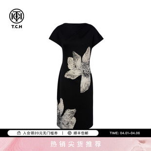 TCH轻奢潮牌高定花卉烫钻斜肩一字肩黑色收腰连衣裙女T75B30E1152