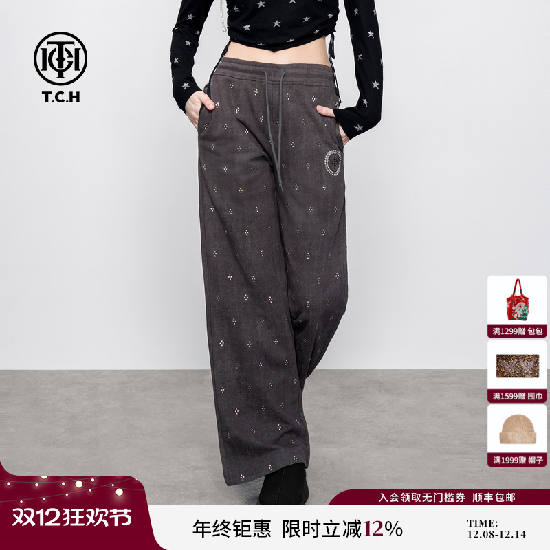 TCH老钱风烫钻铆钉复古高腰显瘦直筒休闲阔腿裤长裤2025春夏新款