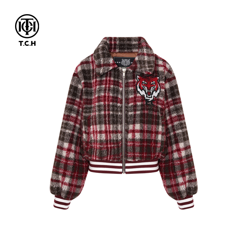 TCH时尚烫钻休闲保暖格子翻领毛毛外套女2025冬季新款T75D27E1052
