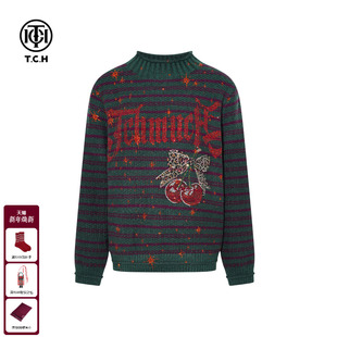 烫钻复古绿宽松条纹毛衣针织衫 时尚 女T75D09E1245 新款 TCH2025冬季