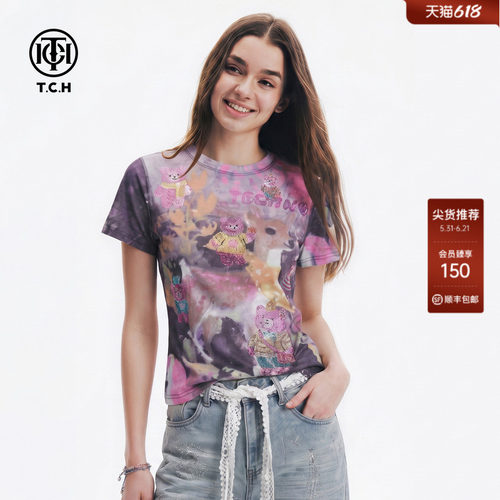 TCH小熊烫钻短袖T恤女2026夏季新款复古扎染印花修身显瘦正肩上衣