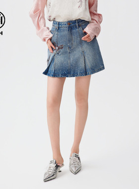 TCH秋季新款烫钻美式蓝色牛仔短裙女辣妹A字短裙T72C228010