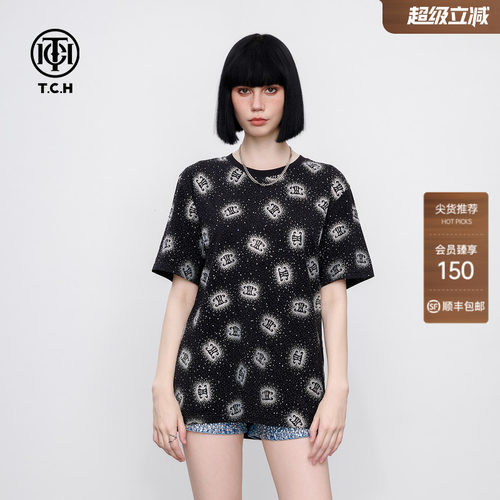 TCH宽松休闲满印LOGO烫钻流行黑色短袖T恤男女同款2026夏季