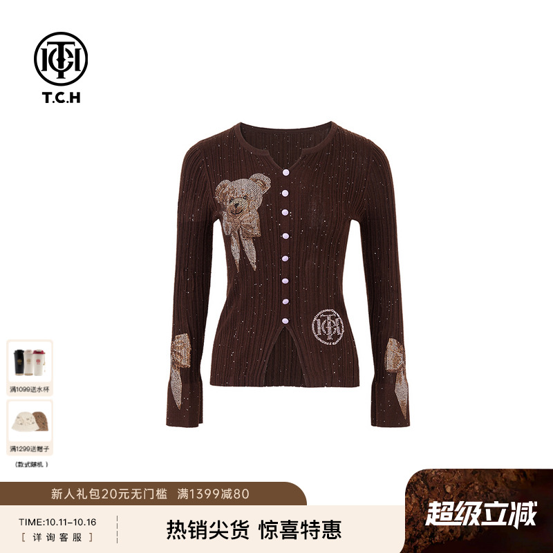TCH私服潮牌轻奢蝴蝶结小熊烫钻工艺针织开衫上衣T75A09E5002