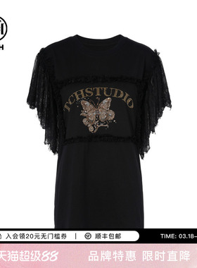 TCH私服烫钻蕾丝拼接袖时尚气质宽松百搭短袖T恤女夏T75B10B1071