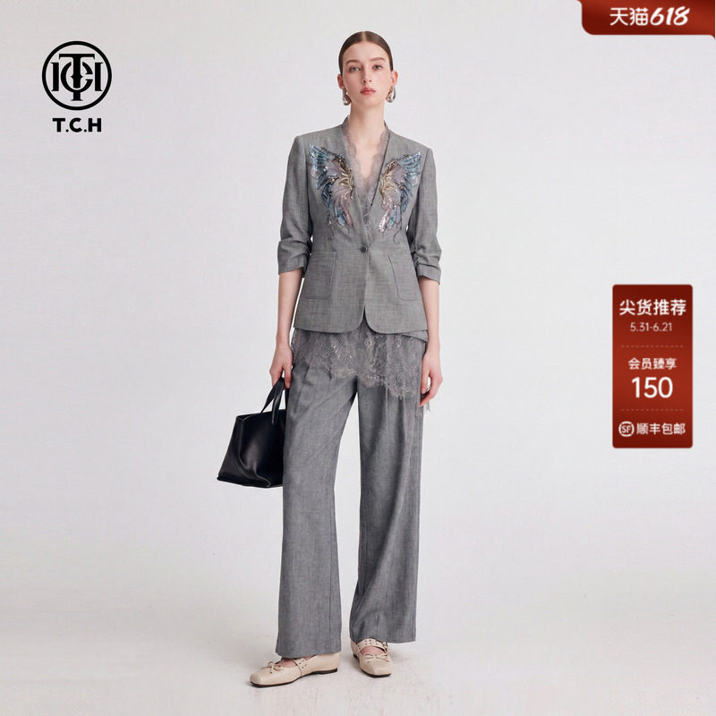 TCH烫钻翅膀亚麻老钱风套装女蕾丝拼接西装外套屁帘阔腿裤三件套