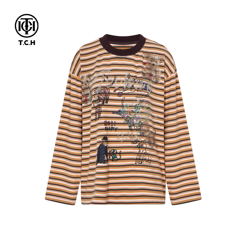 TCH2025秋冬新款时尚烫钻条纹休闲宽松减龄长袖T恤女T75D08E1006