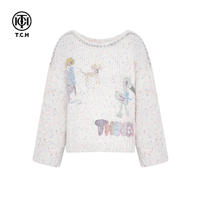 TCH私服2025冬季新款圆领毛衣女慵懒烫钻时尚针织衫潮T75D09E5017
