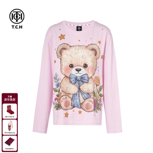 T75C08E9011 新款 TCH轻奢烫钻小熊休闲宽松减龄长袖 T恤女2025秋季