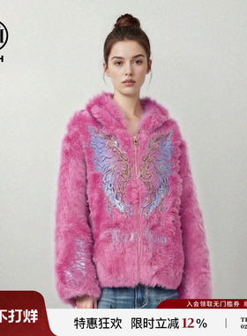 TCH时尚潮流烫钻翅膀粉色甜酷减龄连帽毛毛外套上衣女T78A27E1002