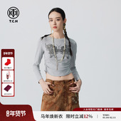 TCH秋新款 T72C086001 收腰显瘦打底衫 烫钻蝴蝶长袖 T恤女时尚