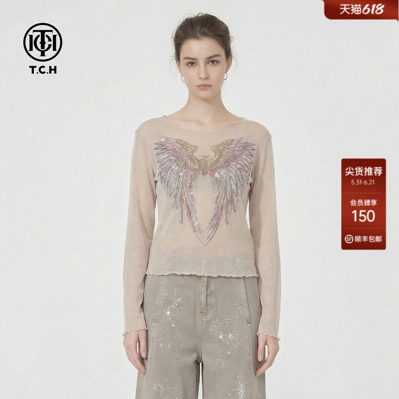 TCH2026春时尚翅膀烫钻修身微透轻熟风打底衫上衣女T78A02E1019A