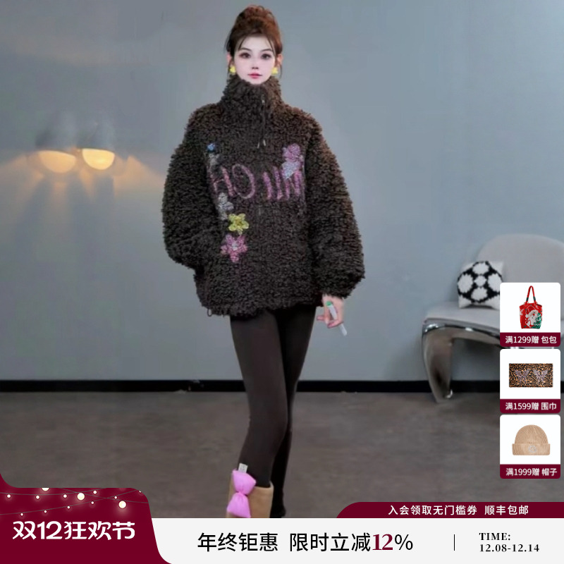 TCH私服烫钻修身瑜伽裤咖色加绒打底裤女2025冬季新款T75D23E5009