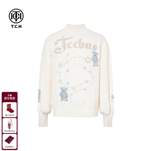 T75D09E1277 新款 TCH温柔松弛感小熊烫钻米色半高领针织衫 女25冬季