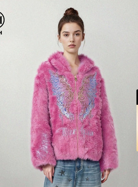 TCH时尚潮流烫钻翅膀粉色甜酷减龄连帽毛毛外套上衣女T78A27E1002