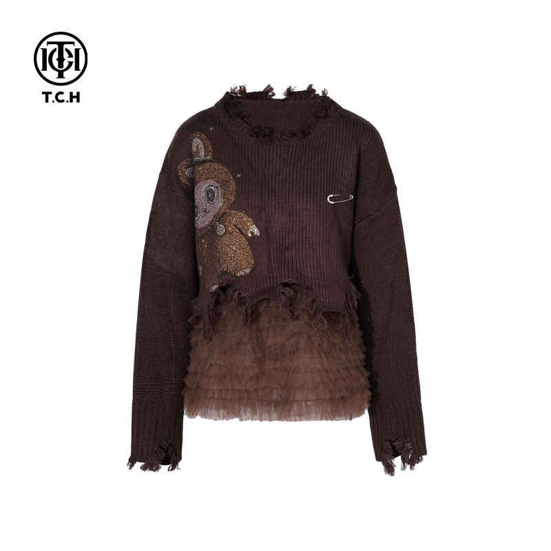 TCH私服烫钻吊带网纱下摆套头针织衫女套装25秋季新款T75C07E5029