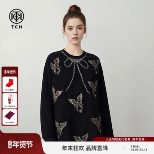 TCH复古潮酷宽松烫钻羽翼圆领衫卫衣女2026春夏新款T78A11E1005