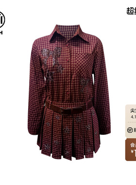 TCH轻奢蝴蝶烫钻豹纹樱桃复古红格子收腰百褶连衣裙女T75C30E1058