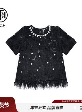 TCH 夏季新款新中式系列时尚小香风黑色羽毛短袖T恤女T72B10E9083
