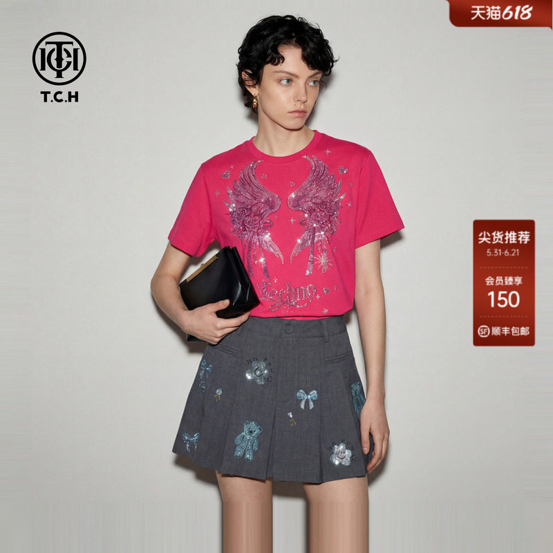 TCH设计感烫钻字母玫红色圆领T恤女2026夏季新款小众百搭短袖上衣
