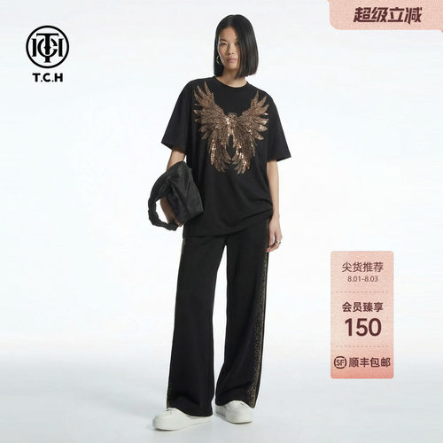 TCH2026夏款潮牌翅膀黑金烫钻短袖T恤阔腿裤休闲套装T78A07E1168