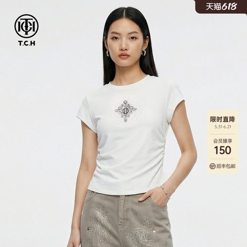 TCH2026春新款修身显瘦设计感短款辣妹正肩短袖T恤女T78A10E1028