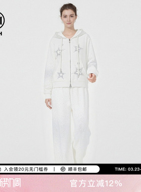 TCH烫钻满天星休闲风短款连帽外套满直筒裤白色套装女T78A07E1091