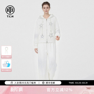 女T78A07E1091 白色套装 TCH烫钻满天星休闲风短款 连帽外套满直筒裤
