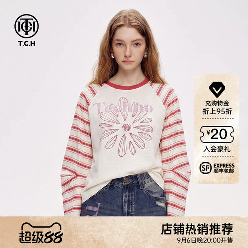 红白条纹撞色烫钻插肩长袖T恤女