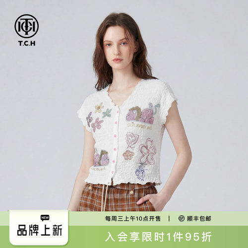 TCH甜妹风烫钻V领短袖T恤女