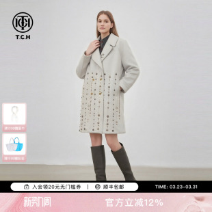 TCH时尚 潮牌翅膀烫钻灰色简约廓形翻领大衣风衣外套女T78A28E1001