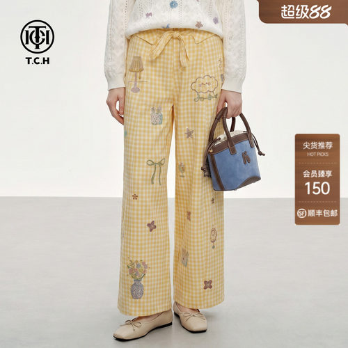 TCH2026秋季新款黄白格纹减龄烫钻直筒休闲长裤女日常百搭阔腿裤