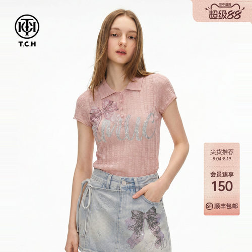 蝴蝶结烫钻polo领针织短袖女