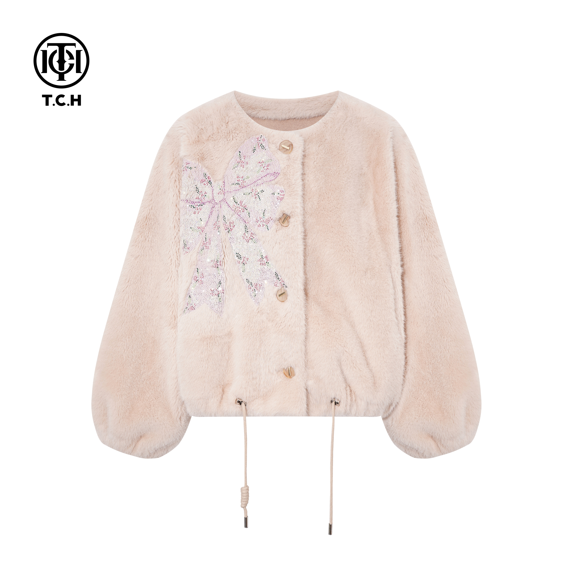 TCH私服烫钻轻奢气质百搭米色皮草外套女25秋冬新款T75C05E5002