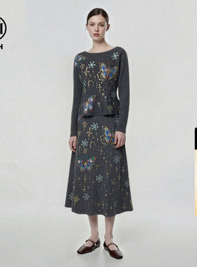 TCH轻奢时尚蝴蝶星空烫钻荷叶边毛衣女半身裙针织套装T78A07E1001