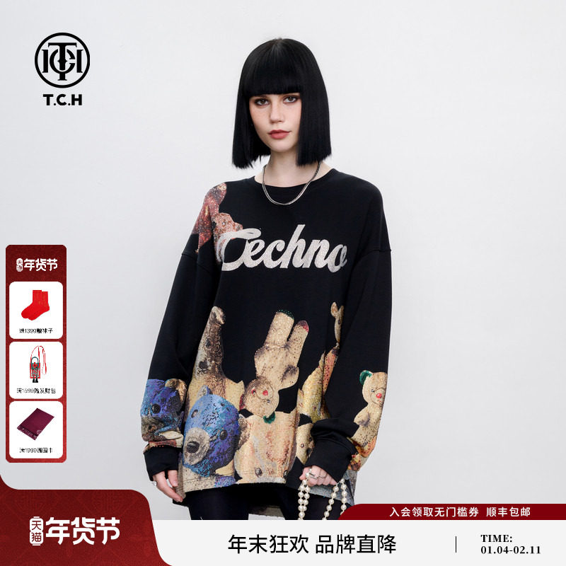 TCH 烫钻卡通趣味小熊宽松潮酷休闲长袖T恤男女同款2025夏季新款,女装/女士精品,T恤,淘宝优惠券,粉丝福利购,淘宝优惠卷