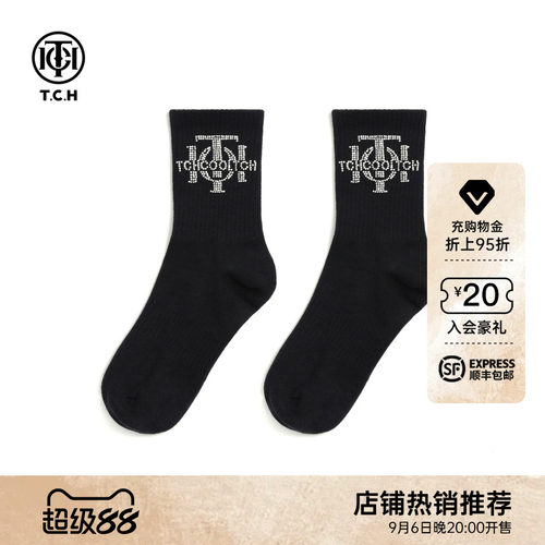 TCH轻奢LOGO烫钻烫钻工艺时尚休闲百搭中筒袜子女T78B55E5001