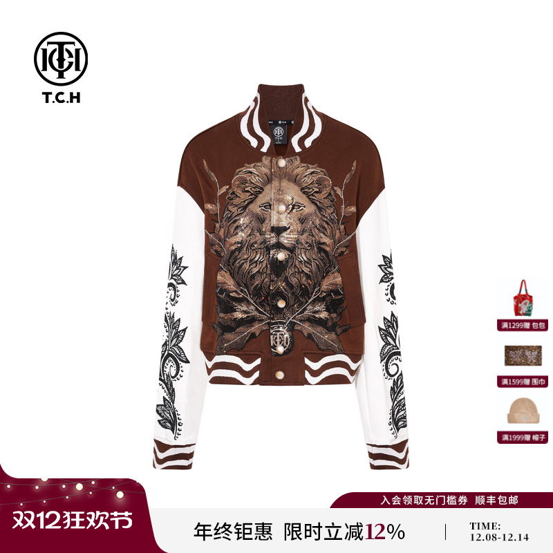 TCH轻奢潮牌狮子头烫钻百搭棒球服夹克外套2025冬新款T75C16E9006
