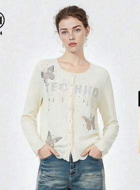 TCH含绵羊毛烫钻蝴蝶米色针织开衫上衣女2026春季新款T78A43E1017