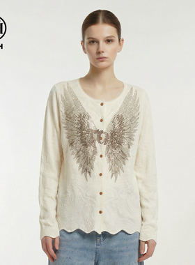 TCH【含绵羊毛】春款百搭时尚烫钻羽翼轻薄针织开衫女T78A43E1087