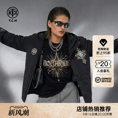 TCH烫钻十字架潮酷风黑色宽松机能风连帽外套男女同款T78A276113
