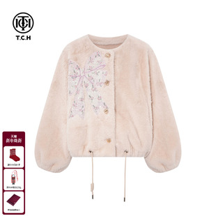 TCH私服烫钻轻奢气质百搭米色皮草外套女25秋冬新款 T75C05E5002