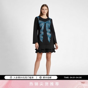 连衣裙女T75D30E1059 TCH轻熟风闪钻蝴蝶结荷叶裙边气质百搭长袖